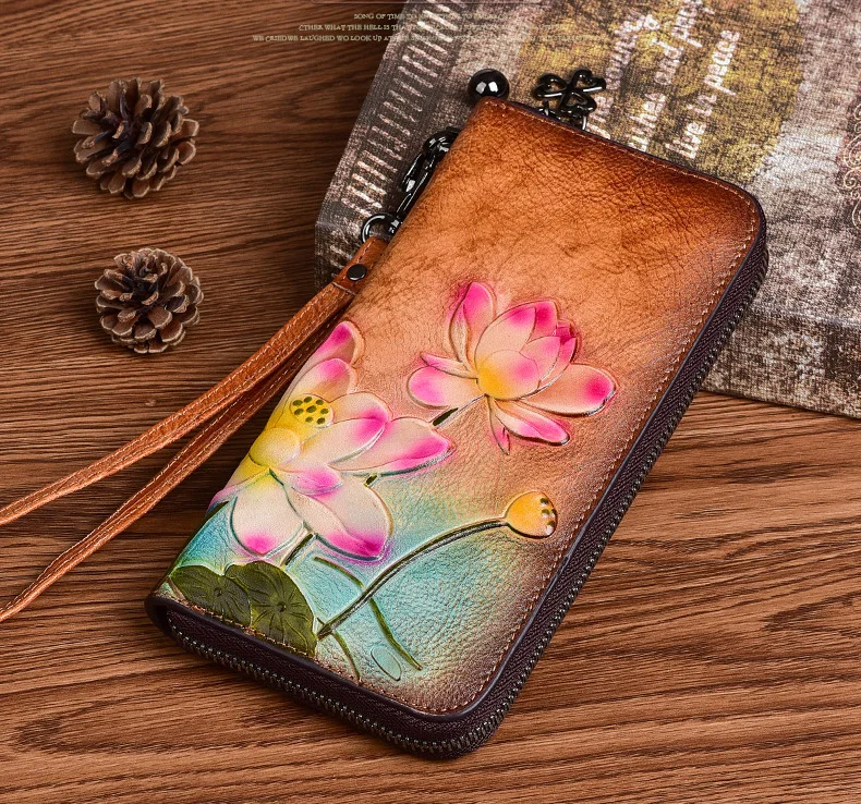 Blumen echte Kuh Leder Geldbörse weibliche Vintage Echt leder Frau Brieftasche lange chinesische Lotus Muster Clutch Tasche – Detail 1