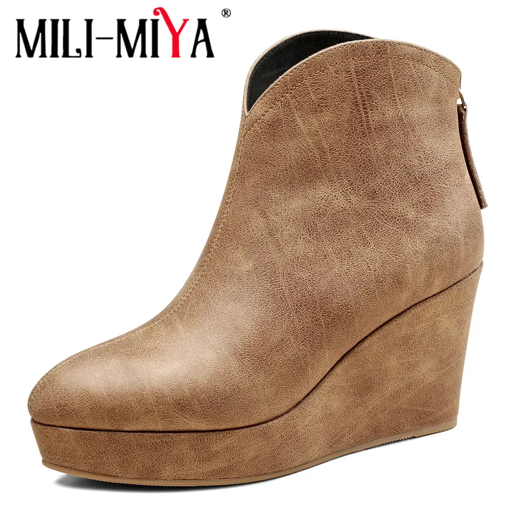 

MILI-MIYA Classic Wedges Heels Women Cow Leather Ankle Boots Round Toe Super High Heels Platform Zippers Solid Color Dress Party