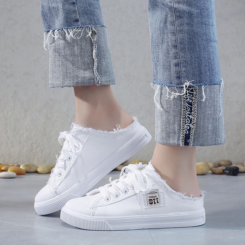 

New 2023 Spring Summer Women Canvas Shoes Flat Sneakers Women Casual Shoes Low Upper Lace Up White Shoes Vulcanize Shoes