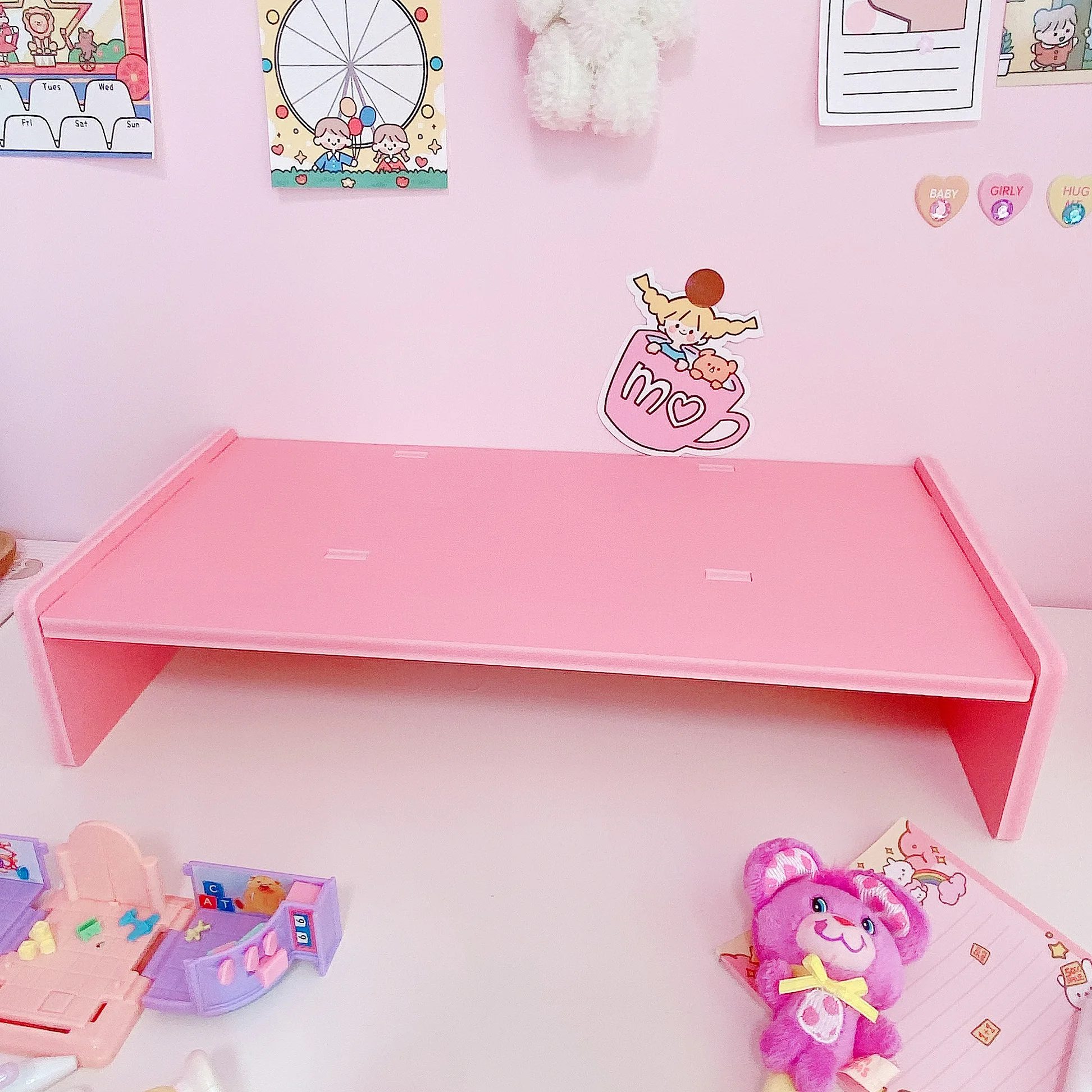 Pink Computer Monitor Stand Increase Rack Bracket File Rack Wooden Desk Storage Finishing Shelf Storage Box Office Accessories