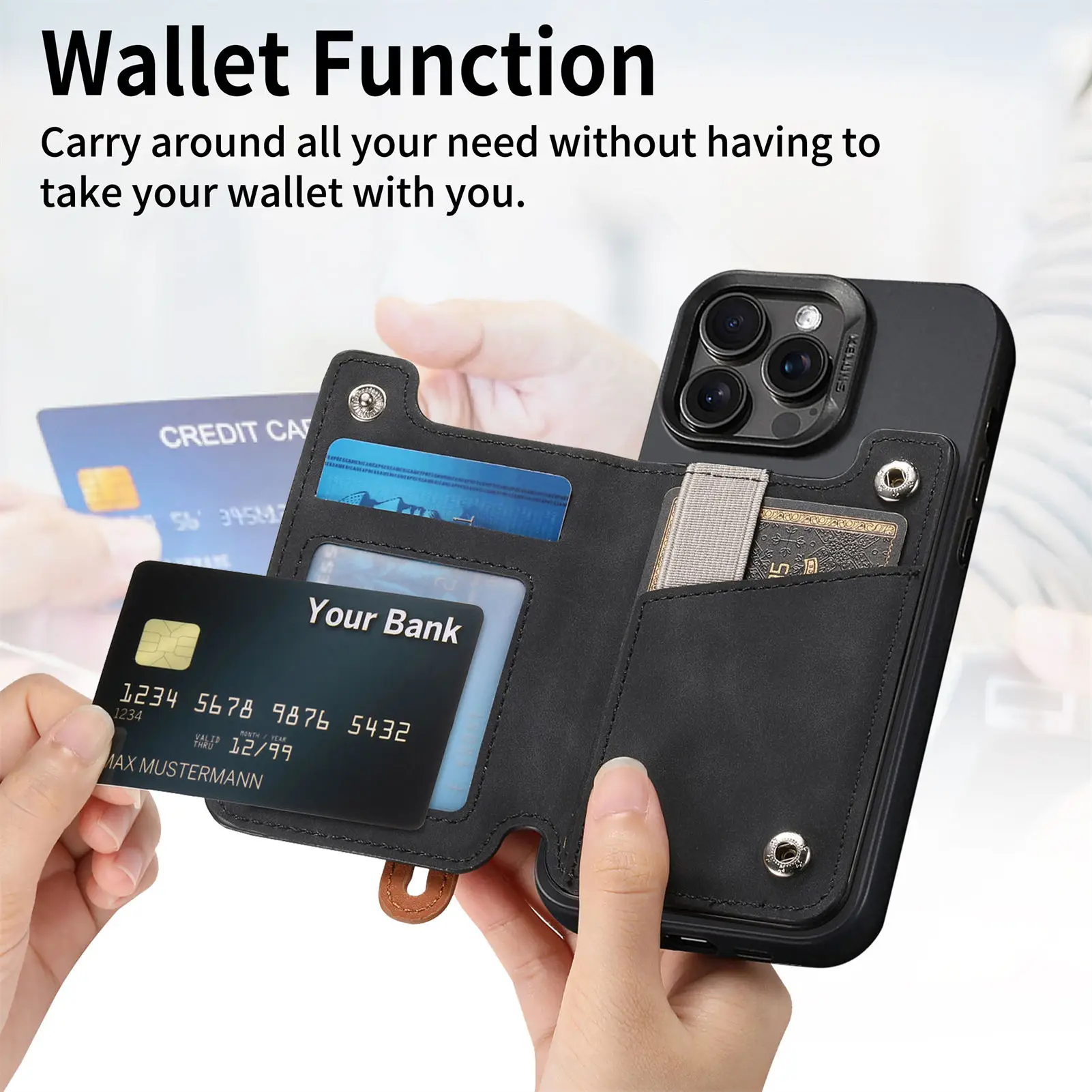Compact Zipper Wallet with Magnetic Phone Case and Wrist Strap Holder