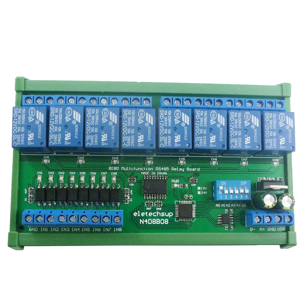 DC 12 V 24 V 8 isolierter Eingang und 8 Ausgänge DIN35 C45 Schienenbox UART RS485 Relaismodul Modbus RTU Steuerschalterplatine