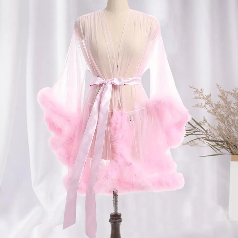 Waist-tie Women Sleepwear Mesh Ruffle Nightgown