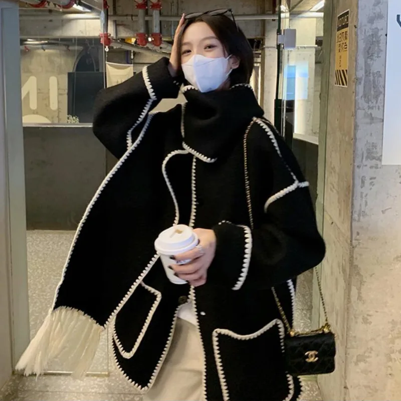 Elegant Chic Women's Coat With Scarf Fashion Long Sleeve Pocket Cardigan Hoodie Female Coats 2023 Autumn Winter Lady Overcoat