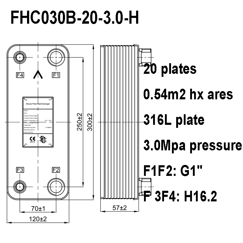 0.54m2 316L Stainless Steel 20 Plates 3.0 Mpa Pressure Brazed Plate Heat Exchanger