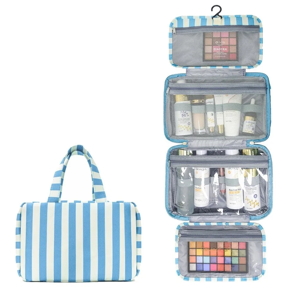 Portable Hanging Travel Toiletry Bag 4-Fold with Hook Makeup Bag Large Capacity Striped Cosmetic Bag Travel 1