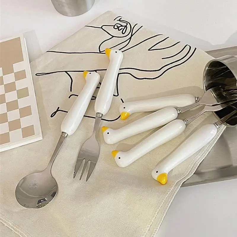

304 Stainless Steel Spoon Portable Ceramic Handle Cute Cat Claw Spoon Fork Cartoon Tableware Set Kitchen Decorative Accessories