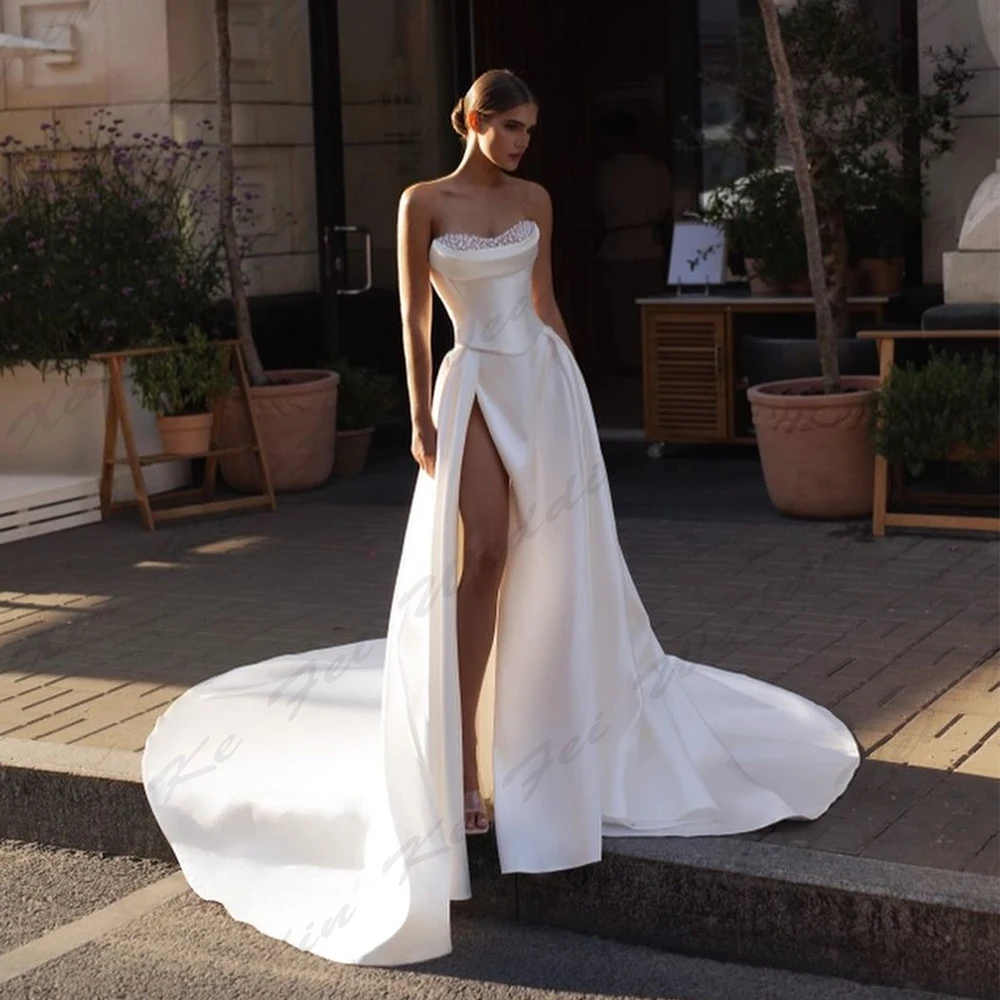 Sweetheart Gorgeous Satin Wedding Dresses A-Line Elegant Mermaid Off The Shoulder Sleeveless High Slit Bridal Gowns For Women