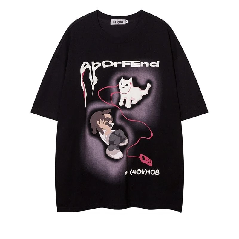 

Fashionable American trendy brand cartoon street printed T shirt summer Korean men y2k retro street hip hop half sleeved top