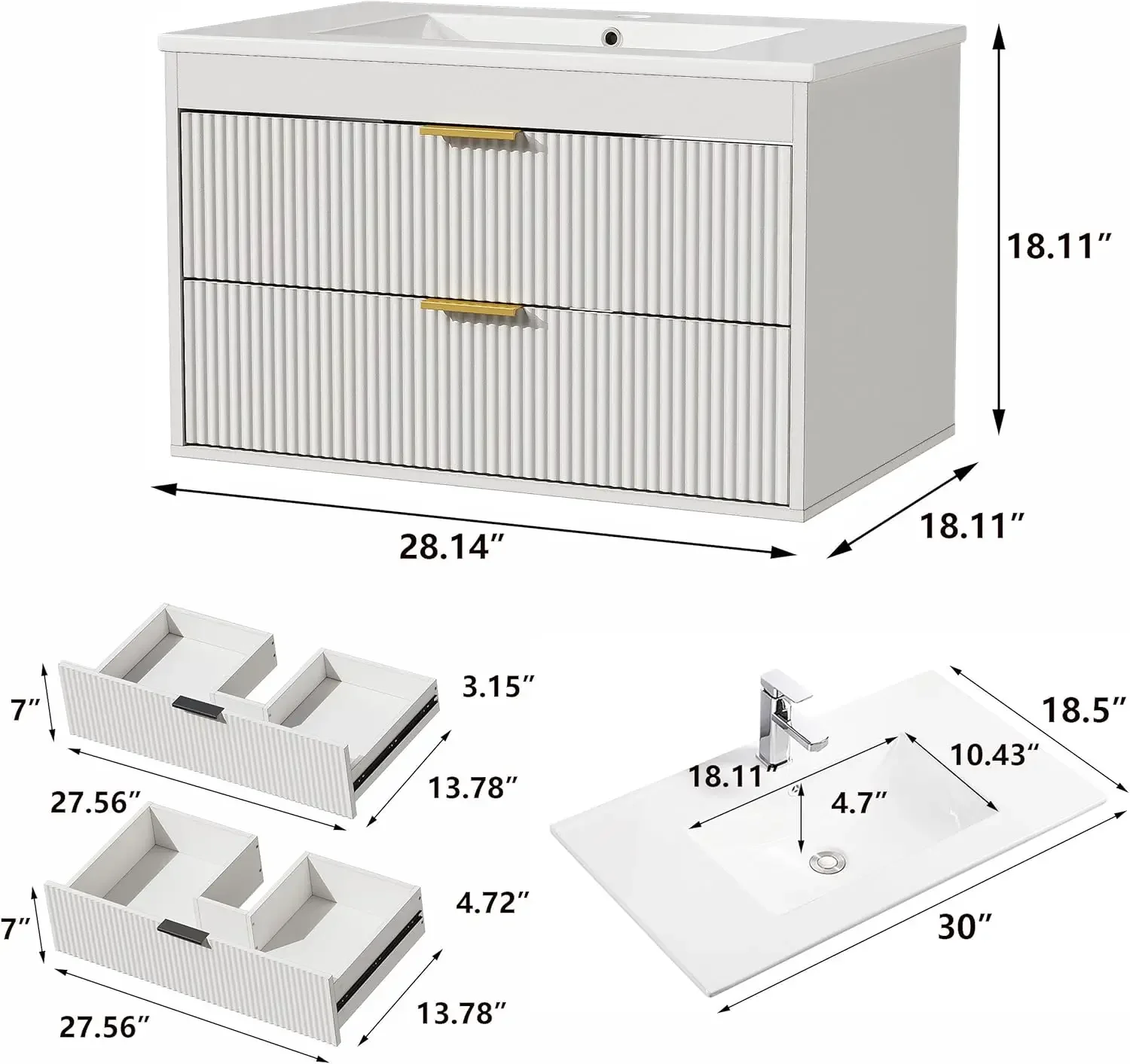 30'' Floating Bathroom Vanities with Sink, Wall Mounted Bathroom Floating Vanity with Ceramic Sink,2 Drawers, Soft-Close Doors 2