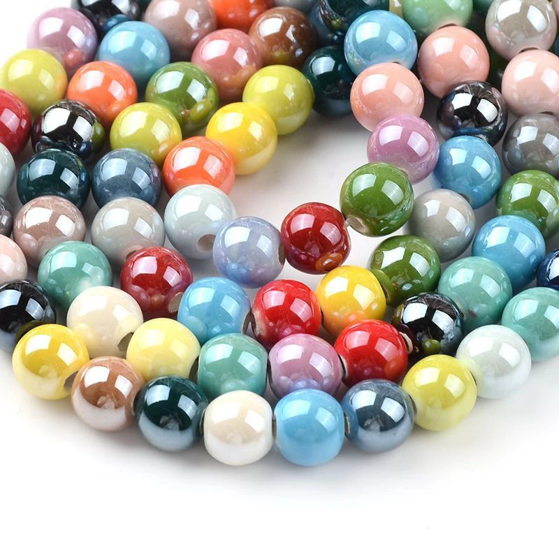 

10PCS Plated Color Round Ball Shape Shiny Glossy Glazed Ceramic Porcelain Loose Beads For Jewelry Making DIY Crafts Accessories
