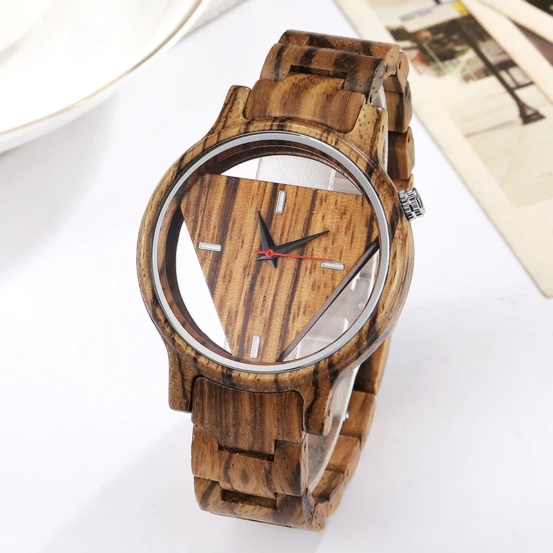 Unique Wooden Quartz Movement Women Watches Creative Built-In Triangle Dial Design Watch for Women Clock Gifts for Ladies 2021