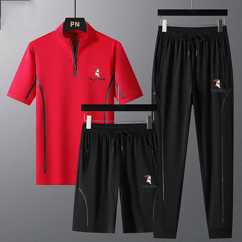 Pecker Bird Summer Ice Silk Men Short Sleeve Suit Sports Three Piece Set Loose Casual Large Size Running Clothes Mens Clothes