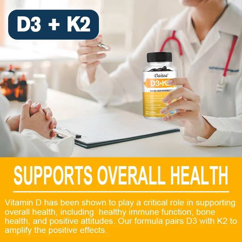 Vitamin D-3 and K-2 Supplement 600 Mg Cardiovascular Bone Dental Metabolism Immune Heart Health Vegetarian Capsules
