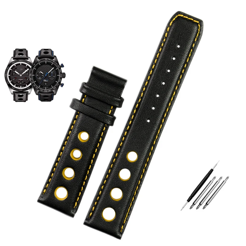 Genuine Leather Watch Band For Tissot PRS516 Racing - 18mm, 20mm, 22mm Lug Width, Black Two-Piece Strap