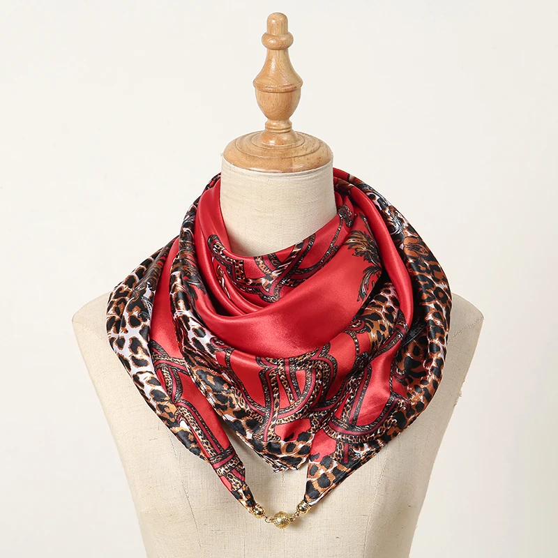 Fashion Leopard Print Chain Square Scarf Shawl Magnetic Suction Design Satin Slik Towel For Women Casual Scarves Wholesale 3