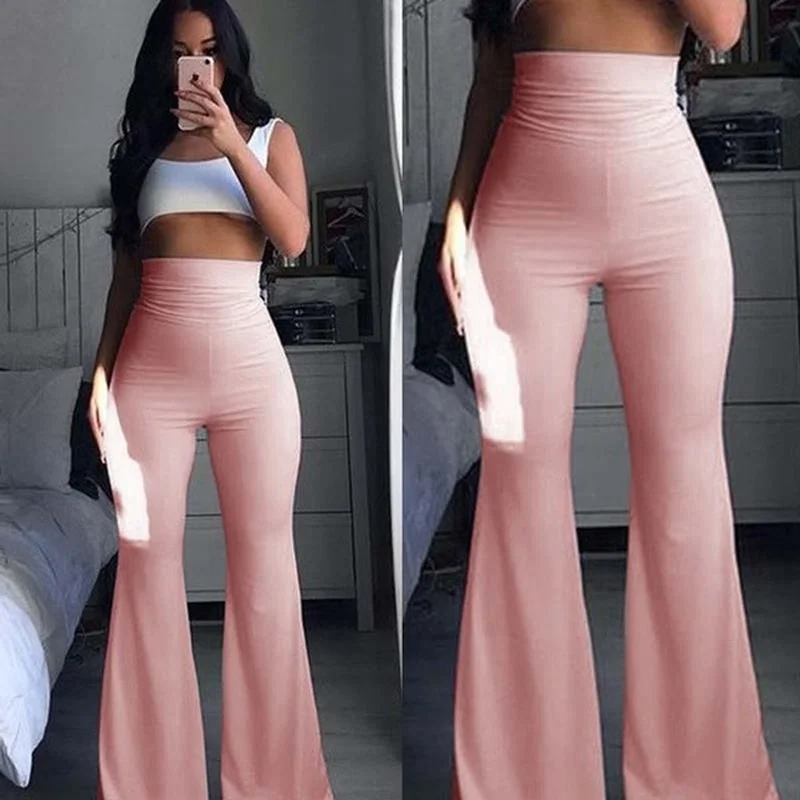 

Summer 2023 Women Fashion Woman Pants Hippie High Waist Bell Bottoms Ladies Stretch Flare Trousers Office Lady Solid Pink Pants