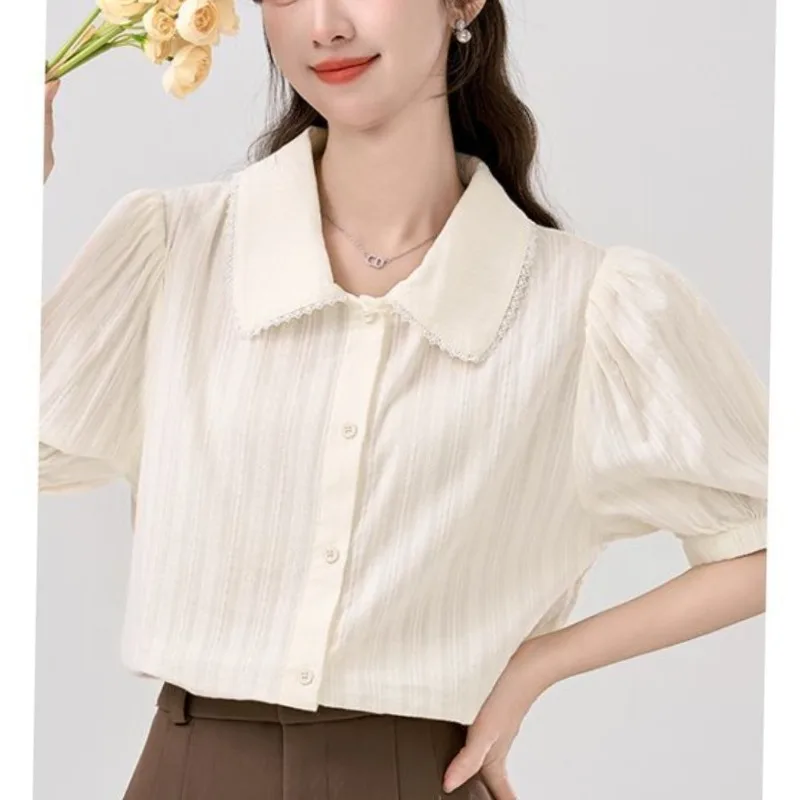 Temperament French Style Summer Solid Women's Peter Pan Collar Lace Single Breasted Puff Sleeve Sweet Short Sleeve Loose Shirts