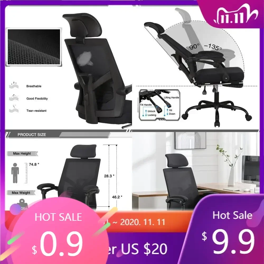 ergonomic mesh office chair with footrest, home desk chair featuring adjustable headrest and backrest for 90-135 degrees, ideal