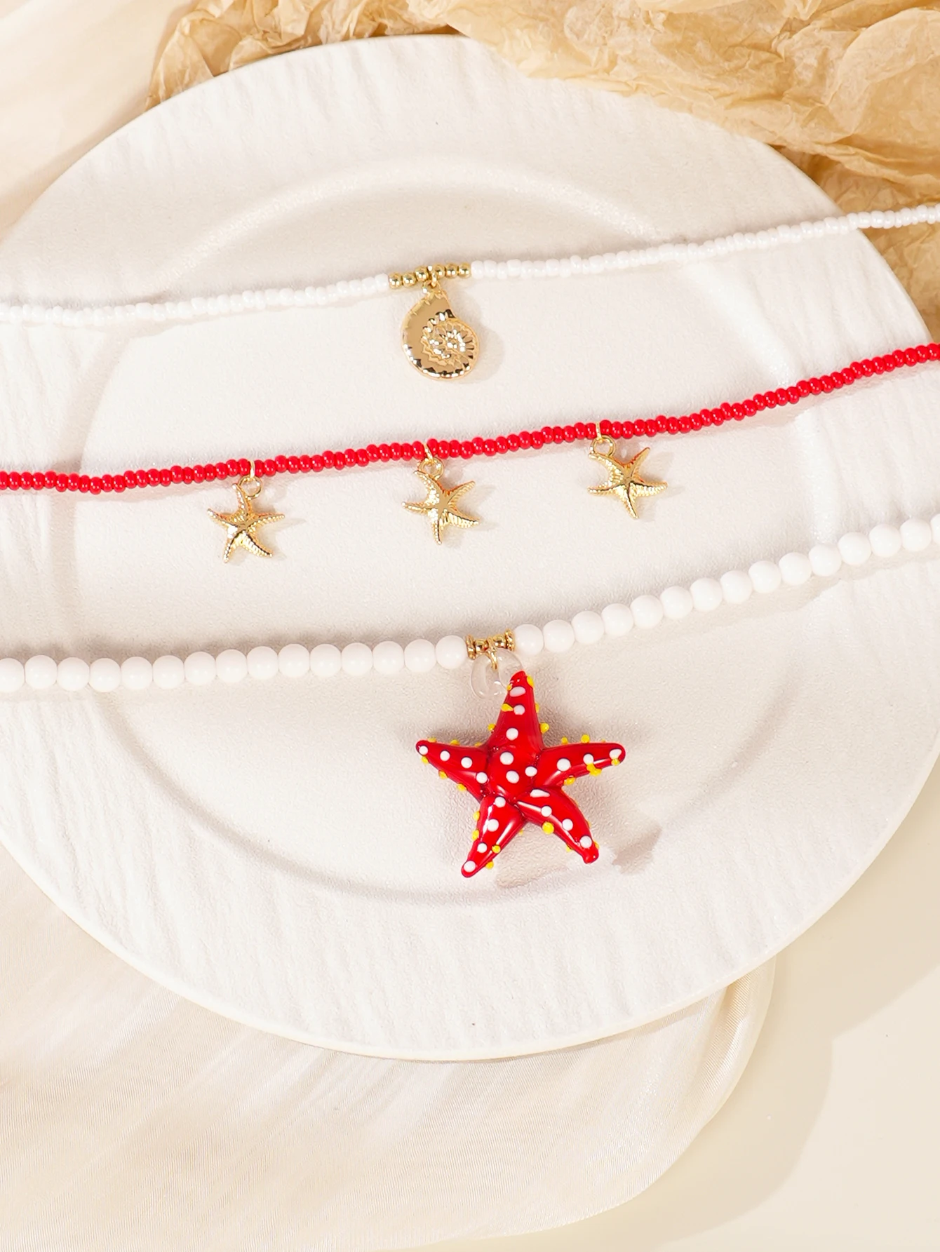 3pcs Bohemian Bead Stacked Necklace Glass Starfish Charm Pendant