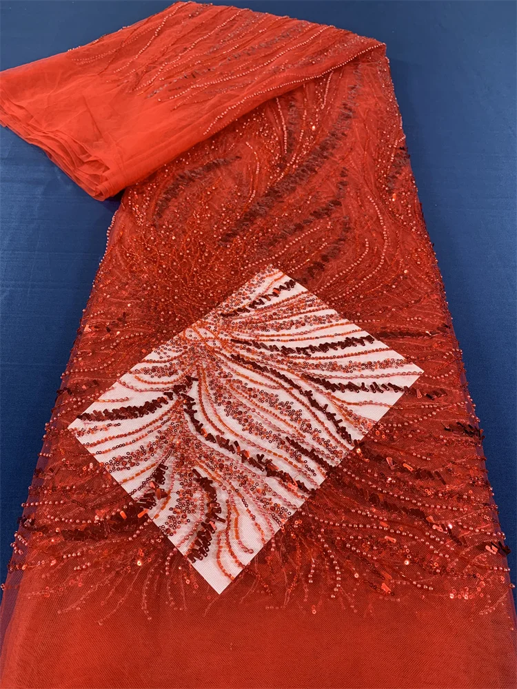 

New Elegant African Beaded Tulle Lace Fabric High Quality Lace 5 Yards Nigerian Sequin Lace Material Fabric for Wedding Sew