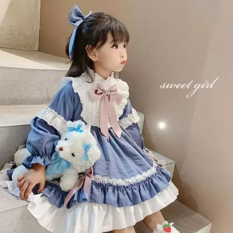 Winter cute children's birthday princess dress for girls sweet blue bow ruffle children's long sleeve lolita dress 2-7 years old