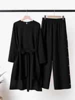 Eid Ramadan femmes Costume musulman deux pièces ensembles survêtement islamique Musulman Ensemble décontracté à manches longues Blouse jambe large pantalon costumes 2