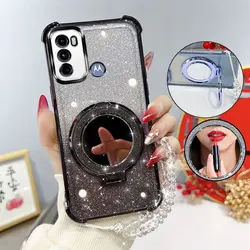 Glitter Shockproof Phone Case with Mirror Stand and Beaded Strap - Moto G40 Fusion (Black)