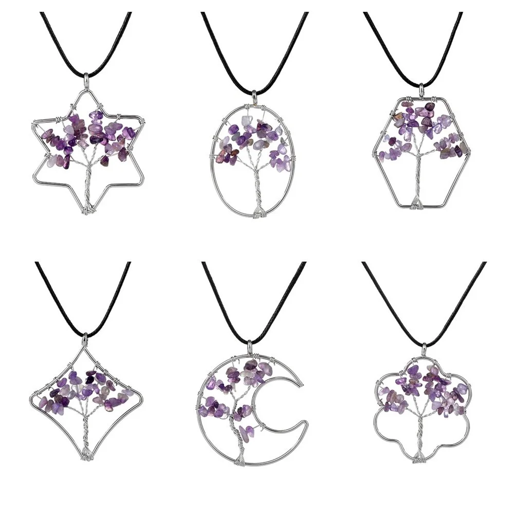 

Amethyst Tree Of Life Pendant Necklace Wisdom Natural Crystal Chip Beads Handmade Rope Jewelry