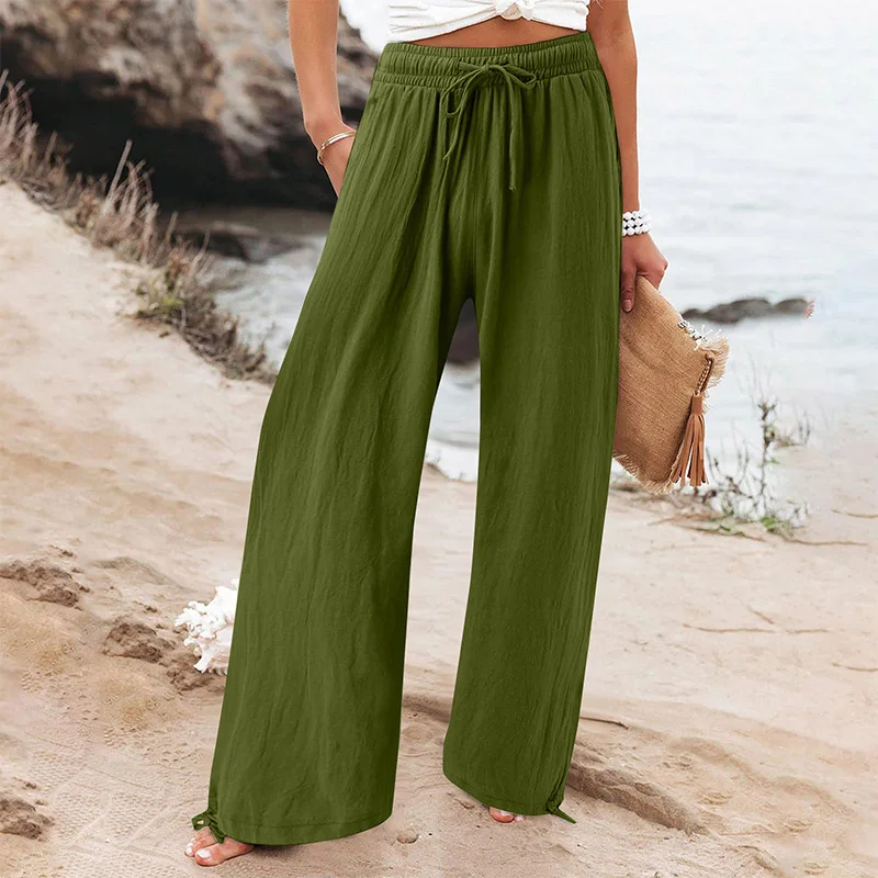 2023 New Spring Autumn Womens Clothing Drawstring High Waist Solid Color Trousers Casual Crumpled Pockets Loose Wide Leg Pants