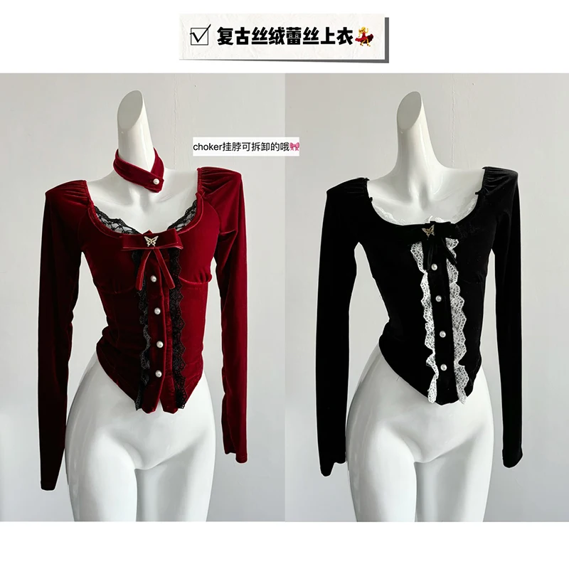 

Vintage Shirts Women Lace Patchwork Sweet Velvet Blouses Korean Elegant Long Sleeve T-shirt Slim Chic Casual Tops