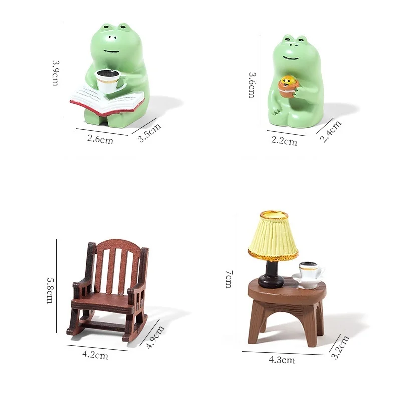 1/4pcs Mini Frog Resin Figurine Small Table Lamp Ornament Rocking Chair with Book Coffee Home Office Desktop Healing Craft F7744