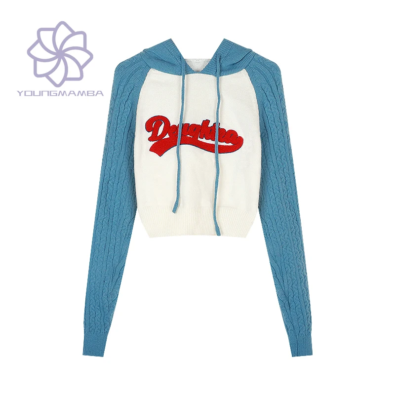 

Женский трикотажный свитер с капюшоном, свободный короткий топ с длинными рукавами и вышивкой в американском винтажном стиле, осень 2023