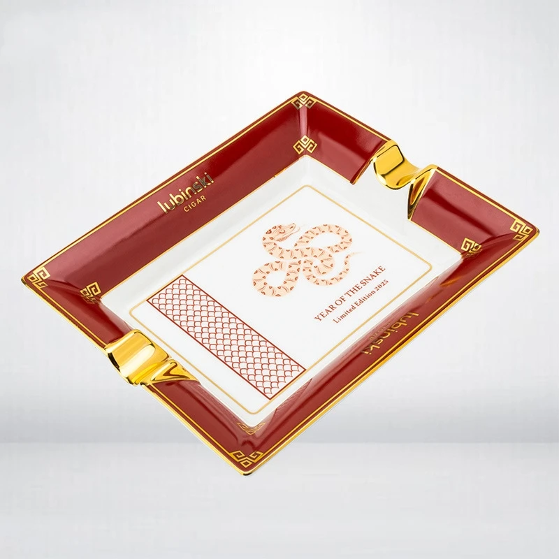 LUBINSKI Cigar Ashtray Year of the Snake Limited Edition Double Slot Bone Porcelain Gilded Large Capacity Square Cigar Ashtray