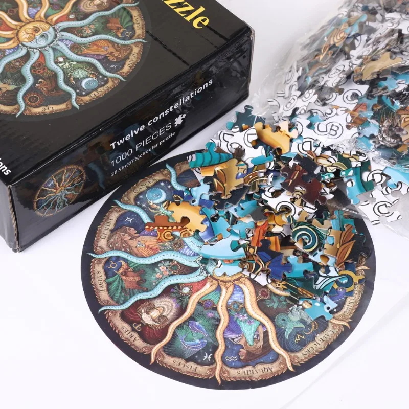 Adult Round Puzzle Toys 1000 Pieces 12 constellations Challenge Games Learning Educational Puzzle Toys Moon Space Flat
