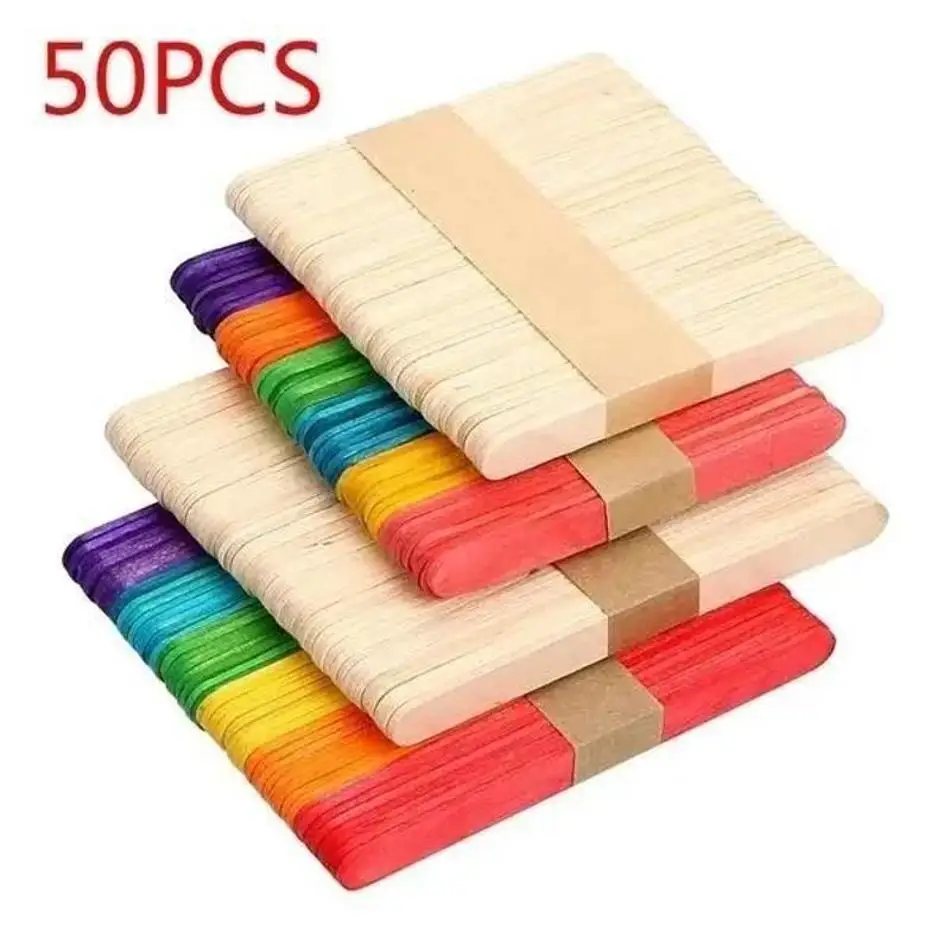 50 Pcs/Lot Ice Cream Woodenstick Stickwooden Strip Colorful Wooden Board Pieces Kindergarten Handmade Materials DIY