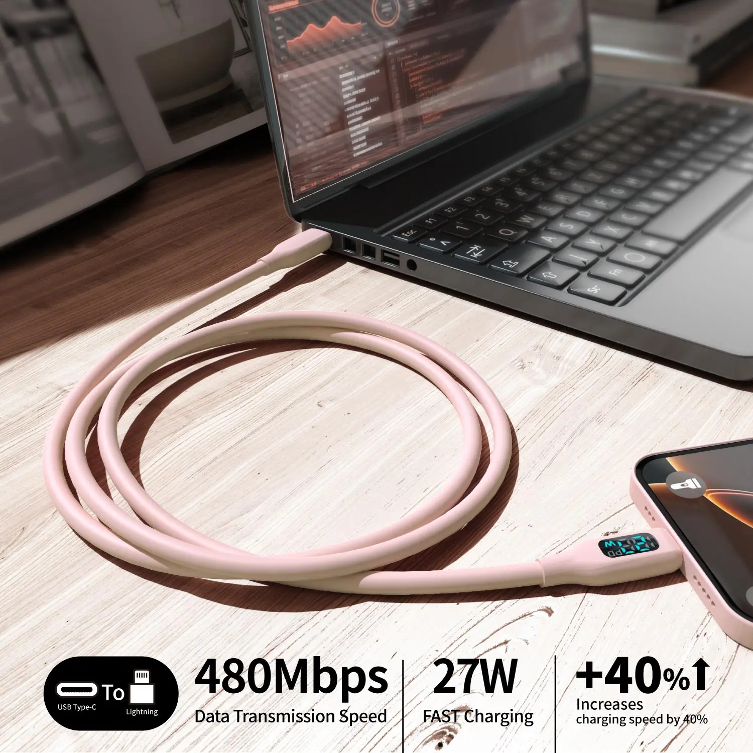 MFi Certified Fast Charging USB C to Lightning Cable with LED Display - Cute Macaron Pink Silicone