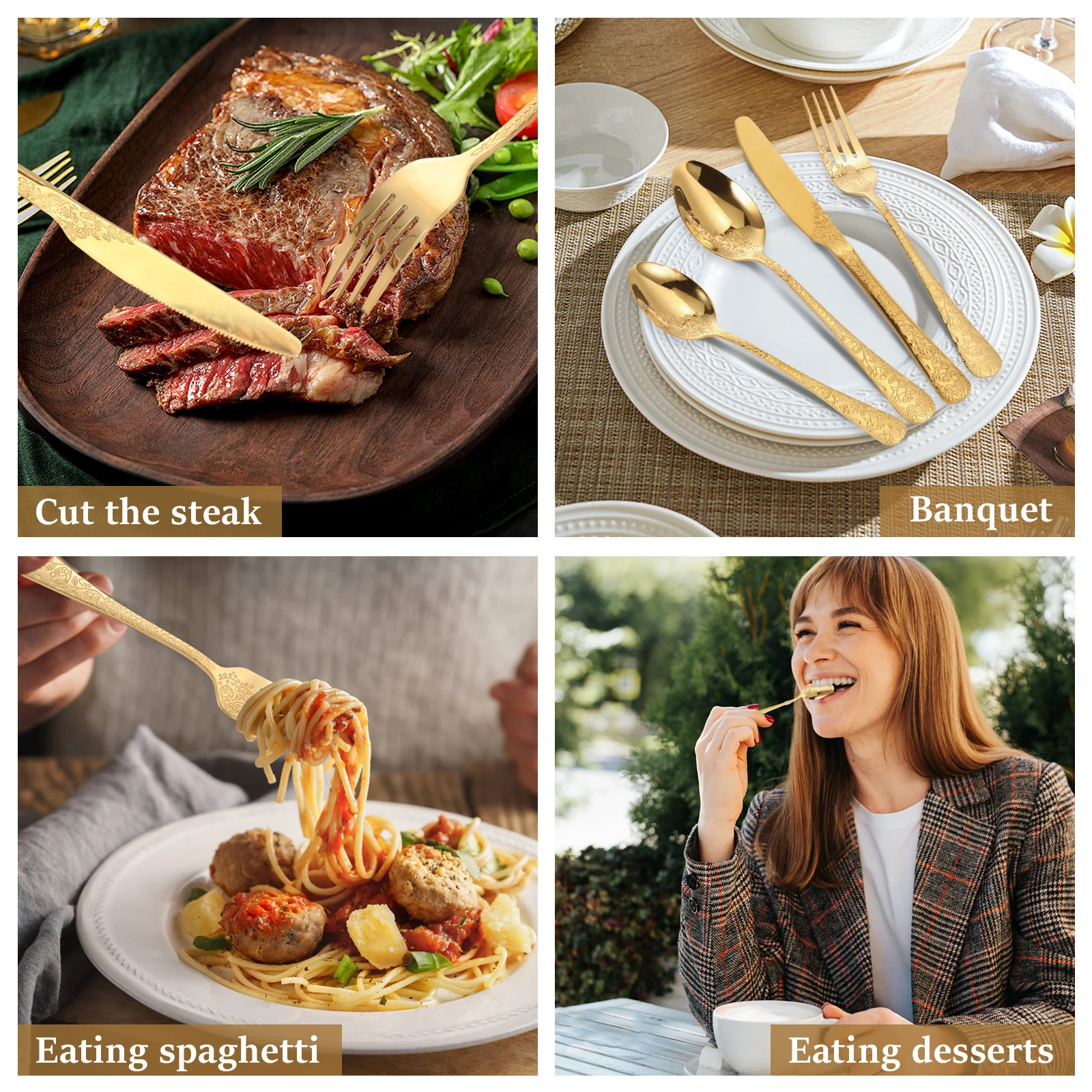 20/24Pcs Floral Dinnerware Set Stainless Steel Utensil Set Knife Fork Spoon Kit Tableware Set for Restaurant Home Kitchen Gadget