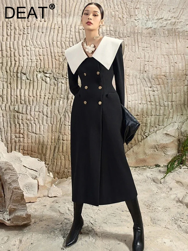 

DEAT Elegant Dress Big Lapel Double Breasted Contrast Color Split A-line Women Mid-calf Dresses 2023 Winter New Fashion 13DB3857