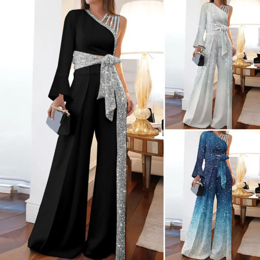 

2Pcs/Set Classic Lady Outfit Bandage Bowknot Floor-Length Skin-touching Sexy One Shoulder Shining Outfit
