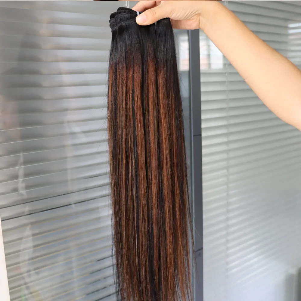 Highlight Virgin Remy Human Hair Bundle Double Weft Straight Wave 1B/30 Light Brown Piano Color Indian Human Hair Weave Black 4