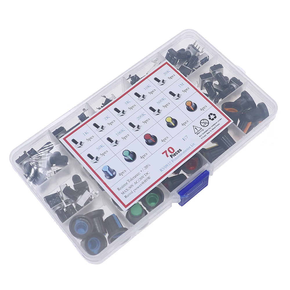 70Pcs 10Value 3Pin RV09 type Horizontal Potentiometer kit 1K 2K 5K 10K 20K 50K 100K 200K 500K 1M with knobs