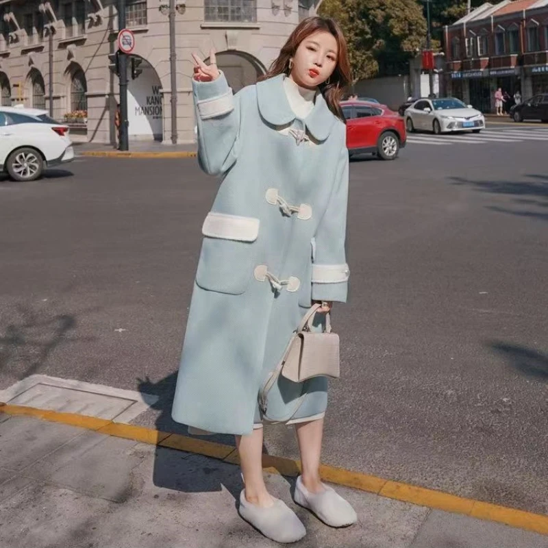 2023 Autumn and Winter New Small Light Blue Women's Mid length Cowhorn Button Korean version Slim Trendy woolen cloth Coat 