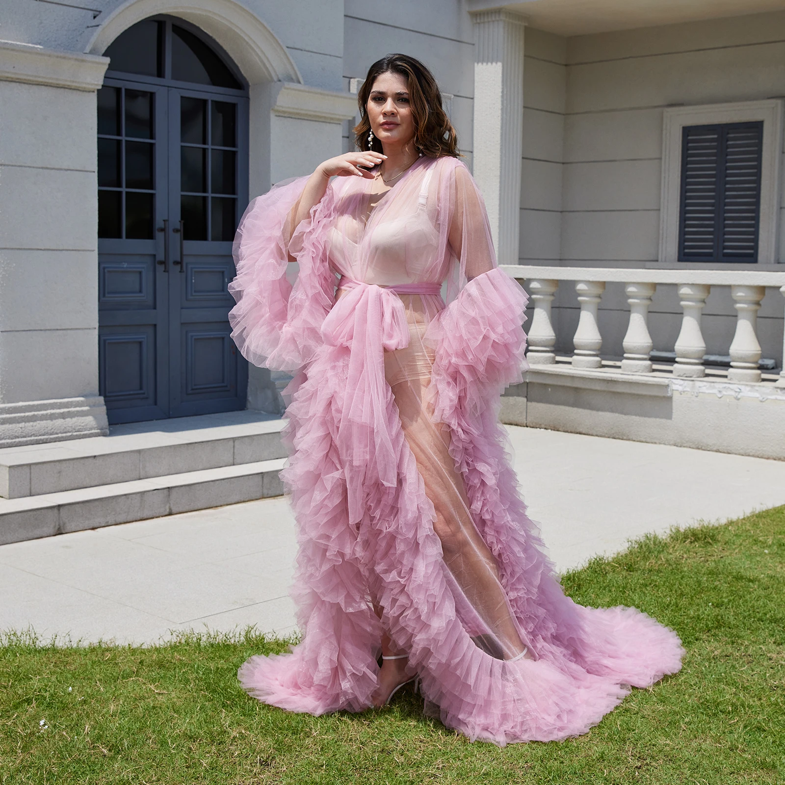 Maternity Dresses Pregnant Gowns Pink Size S Long Sleeves Robe Tulle Puffy Ruffles Bathrobe Dress For Photoshoot Photography