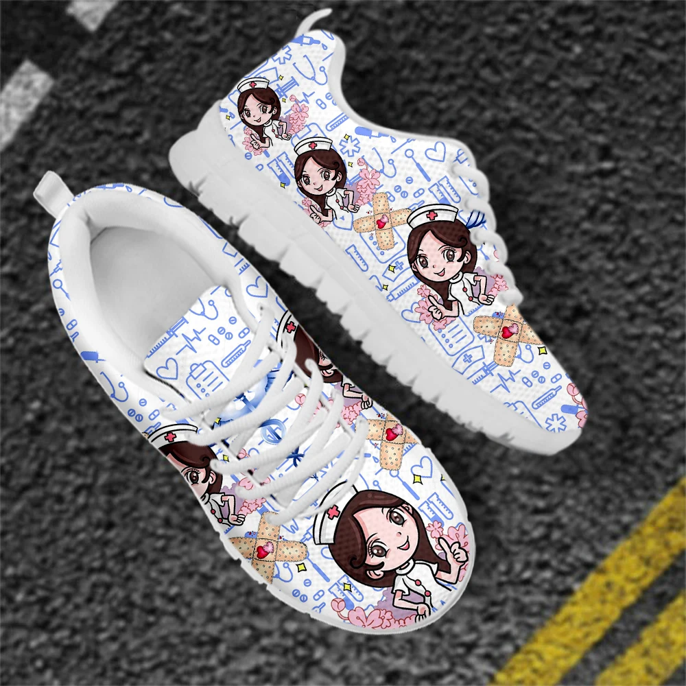 INSTANTARTS New Cartoon Nurse Shoes for Women Medical Heart Beat Brand Design Breathable Sneakers Flats Shoes Zapatos Mujer 