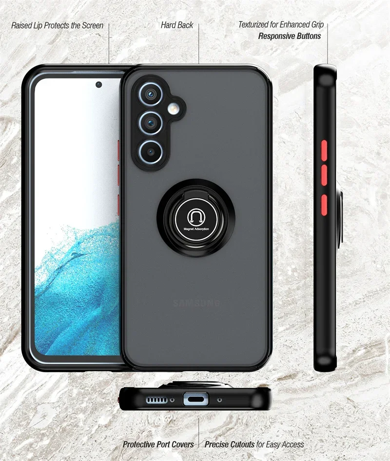 Shockproof Matte Armor Case with Magnetic Ring Holder - Sleek and Durable Protection Cover