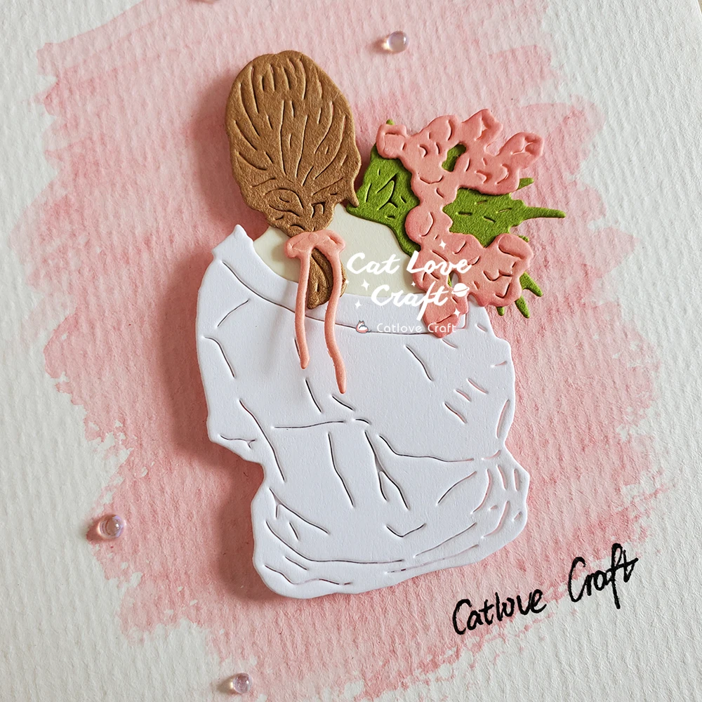 Catlove Mädchen mit Blumen, Rückansicht, Metall-Stanzformen, Scrapbooking, Schablone, gestanzte Kartenherstellung, DIY-Handwerk, Prägung, neue Stanzformen – Detail 4