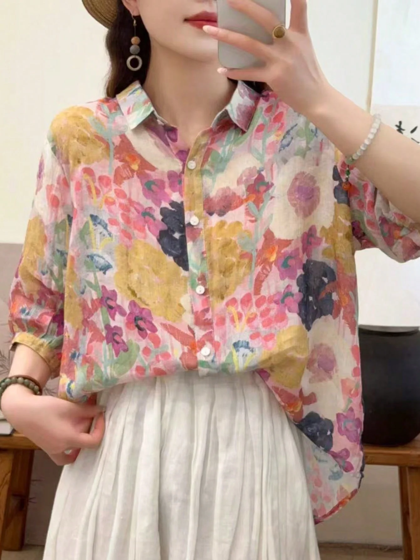 New Turn Down Collar Pattern Women's Half Sleeve Shirt Fashion Vintage Beach Casual Cardigan Single Breasted Blouse