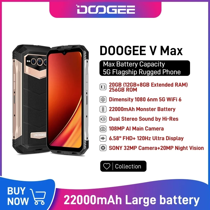 

DOOGEE V Max 5G Rugged Phone 6.58" 120Hz Dimensity 1080 Hi-Res 108MP AI Main Camera Octa Core 12GB RAM+256GB ROM 22000mAh Phone