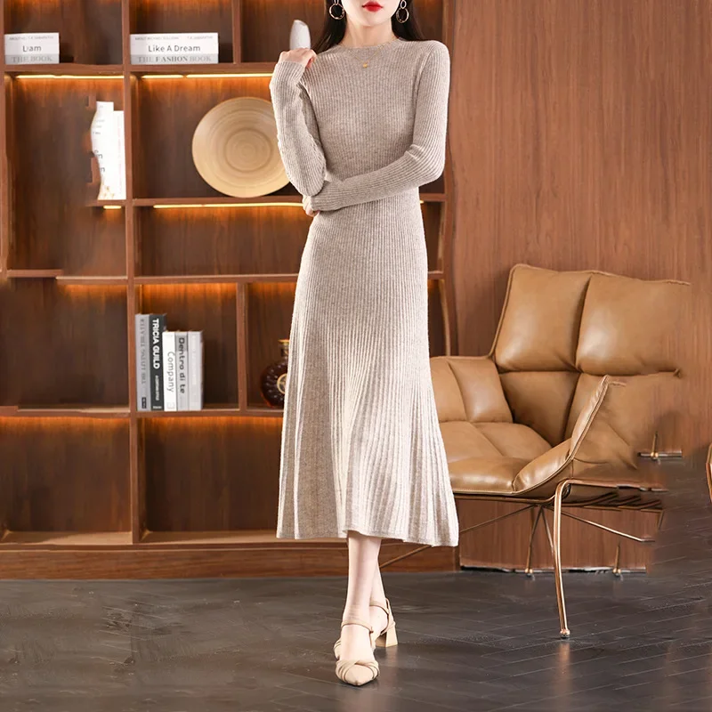 

Autumn and Winter New Sweater Women's round-Neck Long Drawstring Long-Sleeved Umbrella Skirt Slim Slimming Wool Knitted Dress